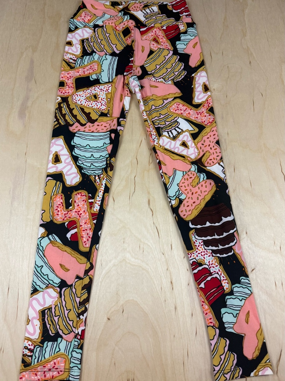 LuLaRoe birthday #4 Black Leggings with Pink, Aqua & Tan Dessert Print